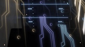 Animation of glowing circuit lines overlaying data patterns in server room. Technology, digital, network, futuristic, electronic, innovation - Powered by Shutterstock - Get 15% off with code: PIKWIZARD15