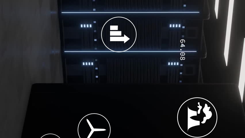 Animation of data processing icons overlaying statistics in server room environment. Technology, analytics, network, information, digital, futuristic - Powered by Shutterstock - Get 15% off with code: PIKWIZARD15