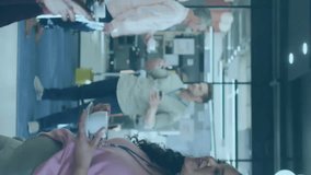 Animation of data processing over diverse colleagues drinking coffee in office. Global business, communication, finances and digital interface concept digitally generated video. - Powered by Shutterstock - Get 15% off with code: PIKWIZARD15