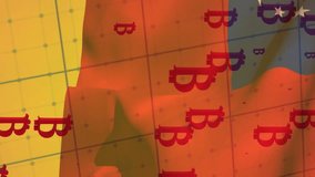 Animation of multiple bitcoin symbols and graphs over grid network against samoa flag. Global finance and business technology concept - Powered by Shutterstock - Get 15% off with code: PIKWIZARD15