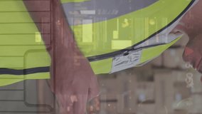 Animation of data processing over caucasian male worker in warehouse. Global shipping, delivery and digital interface concept digitally generated video. - Powered by Shutterstock - Get 15% off with code: PIKWIZARD15