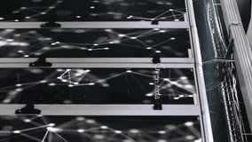 Animation of dots connected with lines, lens flare and infographic interface over server room. Digital composite, multiple exposure, globalization, sonar, report, finance, technology, network server. - Powered by Shutterstock - Get 15% off with code: PIKWIZARD15