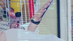 Animation of financial data and graphs over hands of caucasian woman shopping with tablet. Shopping, food, finance and economy concept digitally generated video. - Powered by Shutterstock - Get 15% off with code: PIKWIZARD15