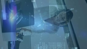 Animation of stock market data processing over two diverse female colleagues discussing at office. Global economy and business technology concept - Powered by Shutterstock - Get 15% off with code: PIKWIZARD15