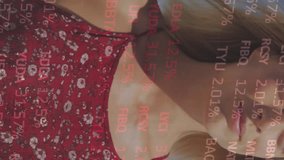 Animation of financial data processing over woman on beach. Global holiday, finance, computing, connections and data processing concept digitally generated video. - Powered by Shutterstock - Get 15% off with code: PIKWIZARD15