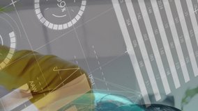 Animation of network of connections and statistics over businesswoman wearing phone headsets. Global finances business digital interface and technology concept digitally generated video. - Powered by Shutterstock - Get 15% off with code: PIKWIZARD15