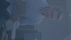 Animation of data processing over diverse business people having meeting at office. Global business, finances and digital interface concept digitally generated video. - Powered by Shutterstock - Get 15% off with code: PIKWIZARD15