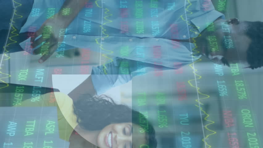 Animation of financial data processing over diverse business people working in office. Global business, finance, computing and data processing concept digitally generated video.