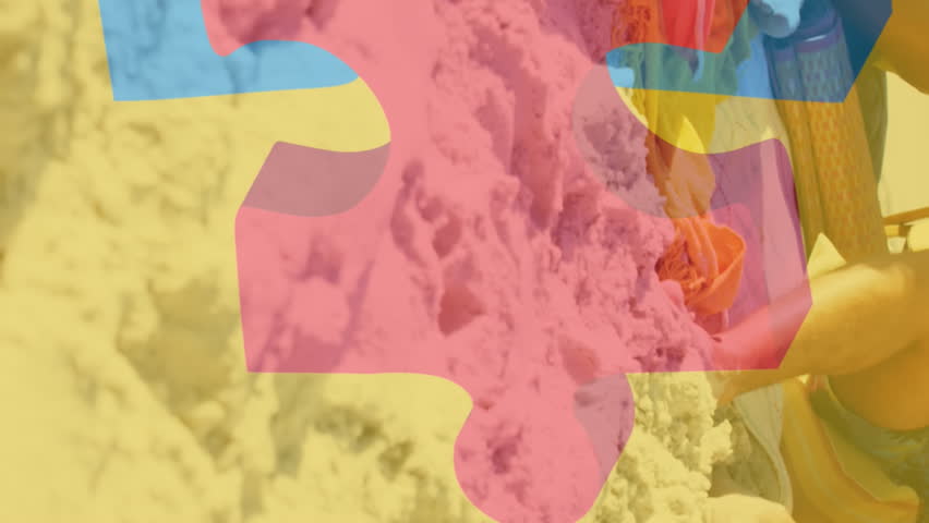 Animation of colourful puzzle pieces over happy friends at summer beach party. autism, learning difficulties, support and awareness concept digitally generated video. - Powered by Shutterstock - Get 15% off with code: PIKWIZARD15