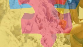 Animation of colourful puzzle pieces over happy friends at summer beach party. autism, learning difficulties, support and awareness concept digitally generated video. - Powered by Shutterstock - Get 15% off with code: PIKWIZARD15