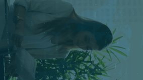 Animation of financial data processing on diverse businessman and businesswoman discussing at office. Global finance and business technology concept - Powered by Shutterstock - Get 15% off with code: PIKWIZARD15