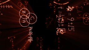 Digital animation of a pile of books while mathematical equations and graphs glowing move in the screen against a dark background - Powered by Shutterstock - Get 15% off with code: PIKWIZARD15