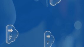 Animation of blue clouds with arrows pointing up and percent increasing from zero to one hundred with young man using a smartphone in the background 4k - Powered by Shutterstock - Get 15% off with code: PIKWIZARD15