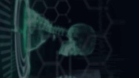 Digital composite video of Network of connections icons over digital human skeletons against black background. Medical research computer interface concept - Powered by Shutterstock - Get 15% off with code: PIKWIZARD15
