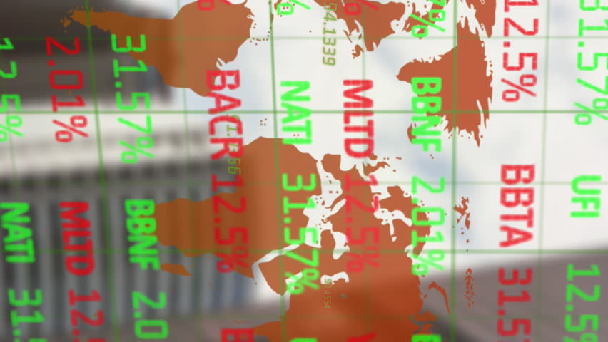 Digital animation of Stock market data processing over World map against tall buildings. Global economy stock market concept - Powered by Shutterstock - Get 15% off with code: PIKWIZARD15