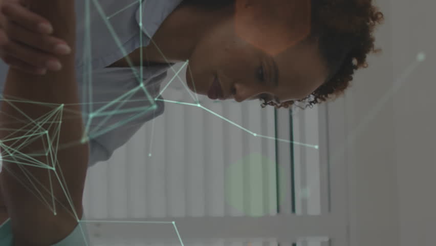 Animation of connections over diverse doctor and patient exercising. Medicine, healthcare and lifestyle concept digitally generated video.