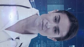 Animation of portrait of female doctor, statistics recording, binary coding and data processing in the background. Online identity data processing digital composite. - Powered by Shutterstock - Get 15% off with code: PIKWIZARD15