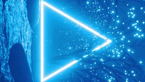 Animation of thumb up like symbol and blue neon triangle over blue trees and lights. Social media, communication and retro future concept digitally generated video. - Powered by Shutterstock - Get 15% off with code: PIKWIZARD15