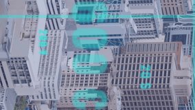 Animation of icons and data processing over cityscape. Global business, digital interface, finances, computing and data processing concept digitally generated video. - Powered by Shutterstock - Get 15% off with code: PIKWIZARD15
