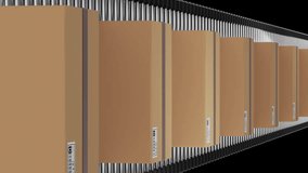 Animation of data processing on screens over cardboard boxes on conveyor belts. Global shipping, networks, computing and data processing concept digitally generated video. - Powered by Shutterstock - Get 15% off with code: PIKWIZARD15