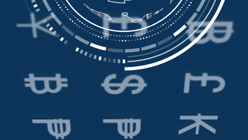 Animation of currency symbols and globe on dark background. Global finance, business, connections, computing and data processing concept digitally generated video.