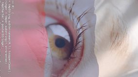 Computer code animation over close-up of human eye and Russian flag. Technology, cybersecurity, digital, data, surveillance, hacking - Powered by Shutterstock - Get 15% off with code: PIKWIZARD15