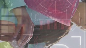 Animation of data processing over woman holding yoga mat and checking smartwatch. Digital interface global sport and performance concept digitally generated video. - Powered by Shutterstock - Get 15% off with code: PIKWIZARD15