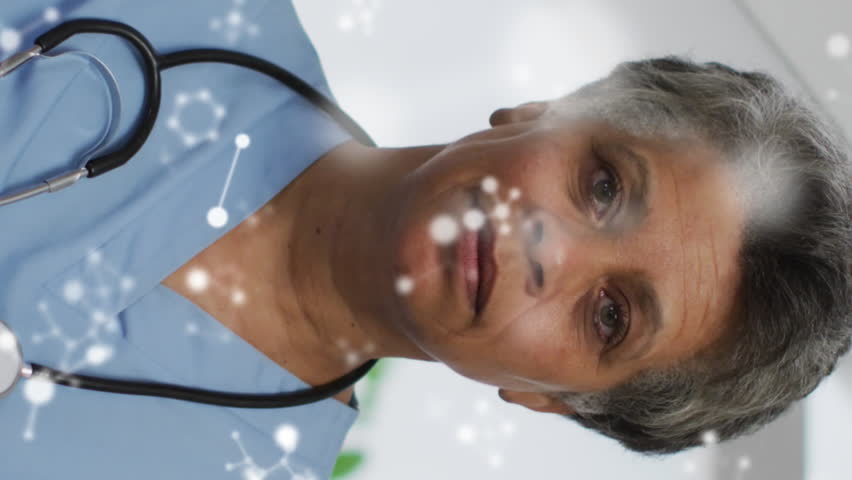 Animation of shapes over african american female doctor. senior home hangout and digital interface concept digitally generated video.