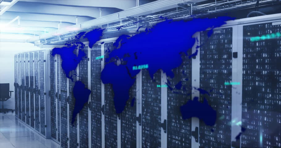 World map fading over server cabinets and data streams gliding across racks for live monitoring. Technology, connectivity, cybersecurity, digital, network, infrastructure, innovation