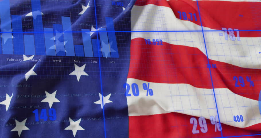Waving flag on planks causing grid fading bars sliding numbers updating merging bottom showing data. Patriotism, analytics, data visualization, graphic design, motion graphics, information technology,