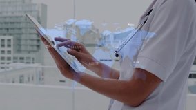 Healthcare worker shifting tablet, tapping, pinching, dragging to update transparent map overlay. Medical, technology, urban, professional, data, innovation, communication - Powered by Shutterstock - Get 15% off with code: PIKWIZARD15