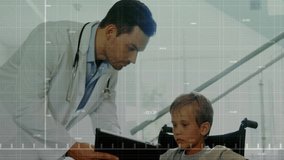 Doctor wearing stethoscope swiping tablet near boy in wheelchair monitoring health graph trends. Medical, healthcare, technology, analysis, patient, wellbeing, professional - Powered by Shutterstock - Get 15% off with code: PIKWIZARD15