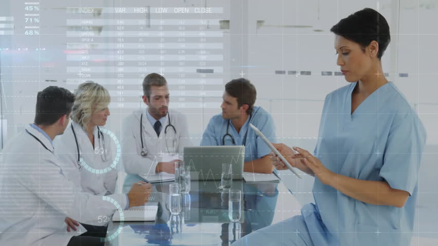 Nurse tapping tablet initiating cycling data overlays while clinical team consulting patient data. Medical, collaboration, analytics, healthcare, innovation, professional, digital - Powered by Shutterstock - Get 15% off with code: PIKWIZARD15