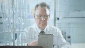 Senior scientist tapping tablet and analyzing green and black charts on translucent lab grid. Research, analytics, innovation, technology, precision, data visualization, professional - Powered by Shutterstock - Get 15% off with code: PIKWIZARD15