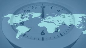 Start minute hand moving clockwise while pulsing rings tracing arcs over map visualizing time flow. Horology, global, connectivity, data visualization, technology, innovation, abstraction - Powered by Shutterstock - Get 15% off with code: PIKWIZARD15