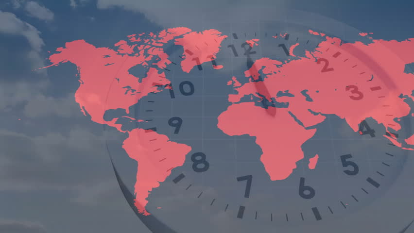 Opening showing clock and red world map animating markers sweeping hands showing global network. Geography, connectivity, data visualization, technology, international, business, modern - Powered by Shutterstock - Get 15% off with code: PIKWIZARD15