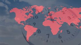 Opening showing clock and red world map animating markers sweeping hands showing global network. Geography, connectivity, data visualization, technology, international, business, modern - Powered by Shutterstock - Get 15% off with code: PIKWIZARD15