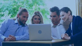 Colleagues leaning in on laptop invoking digital user icon and expanding chat network for business. Collaboration, teamwork, communication, connectivity, innovation, modern, professional - Powered by Shutterstock - Get 15% off with code: PIKWIZARD15