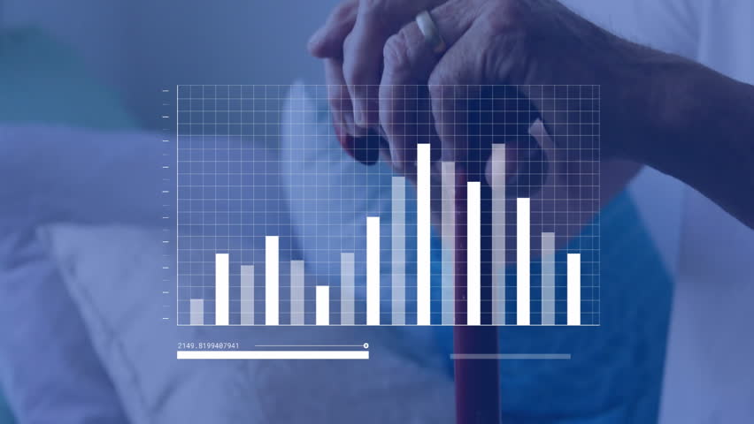 Senior man gripping cane as bar chart overlay updating upon slider moving showing business metrics. Analytics, finance, data, progress, growth, timeline, visualization