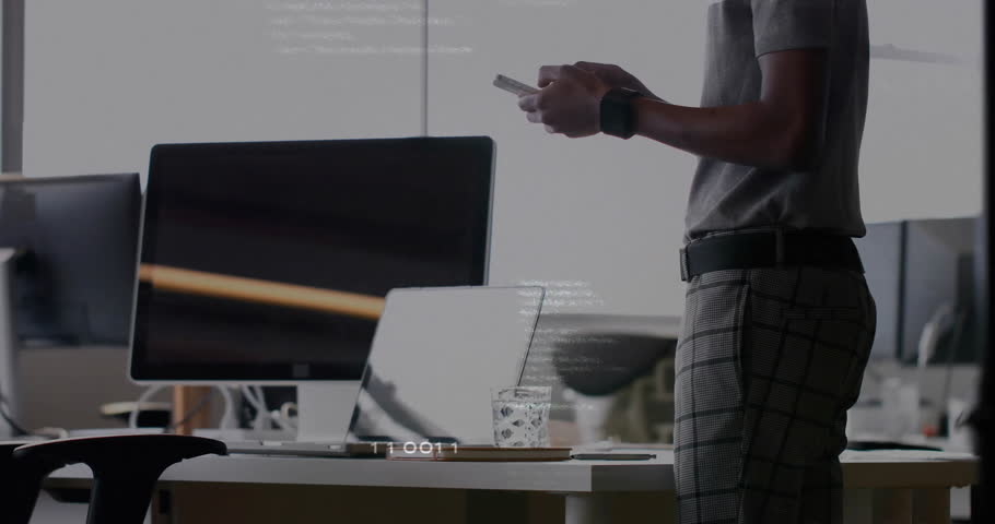 IT pro tapping smartphone keycard authenticating login, then retrieving device and adjusting cables. Technology, cybersecurity, professional, workspace, digital, innovation, modern