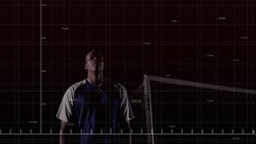 Soccer player reacting to red analytics graph on goal net grid, teammate leaping for header contest. Athlete, training, futuristic, sports, digital, competition, teamwork - Powered by Shutterstock - Get 15% off with code: PIKWIZARD15