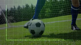 Male soccer player hovering foot over ball near net and activating overlay tracking control metrics. Athlete, gameplay, data visualization, sport science, performance analysis, dynamic, sports - Powered by Shutterstock - Get 15% off with code: PIKWIZARD15