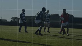 Red player shifting ball on grass field as digital charts sliding for sports analytics tracking. Athletes, competition, data visualization, strategic gameplay, sports science, teamwork, outdoor - Powered by Shutterstock - Get 15% off with code: PIKWIZARD15