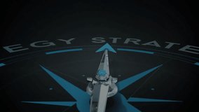 Emerging blue particles swirling compass needle while pivoting to glowing STRATEGY padlock shield. Technology, cybersecurity, innovation, digital, security, navigation, futuristic - Powered by Shutterstock - Get 15% off with code: PIKWIZARD15