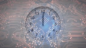 Pulses activating clock second hand completing cycle then minute hand stepping to show data flow. Technology, innovation, digital, futuristic, time, circuitry, data - Powered by Shutterstock - Get 15% off with code: PIKWIZARD15