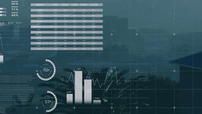 Translucent financial HUD fading in over skyline, animating charts, updating gauges showing trends. Technology, finance, data, analytics, visualization, modern, corporate - Powered by Shutterstock - Get 15% off with code: PIKWIZARD15