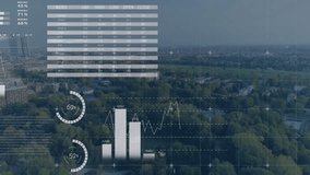 Opening aerial view over leafy skyline animating dashboard with gauges bars pies mapping trends. Technology, analytics, data visualization, finance, innovation, corporate, urban - Powered by Shutterstock - Get 15% off with code: PIKWIZARD15