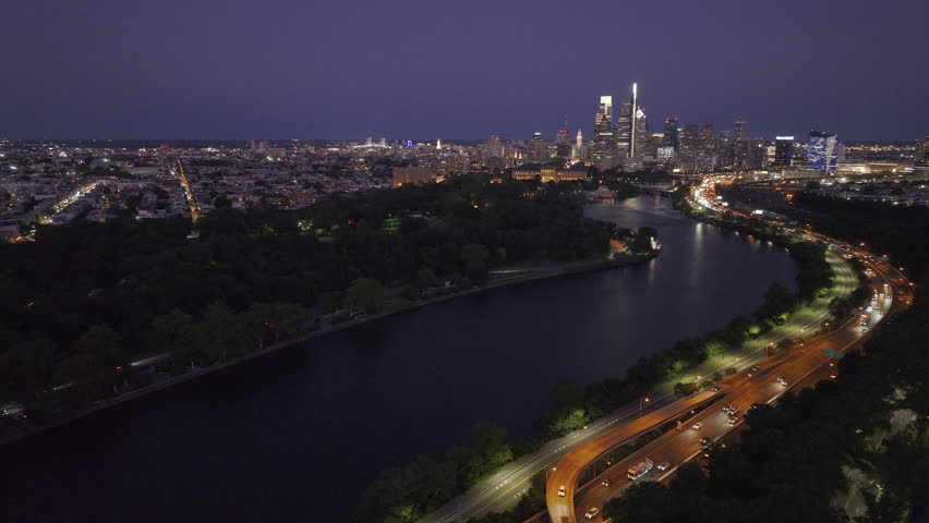 Aerial view of the Philadelphia skyline at night. Shot along the Schuylkill River