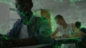 Teenage male student tapping tablet and animating holographic network for world map learning. Technology, innovation, education, collaboration, connectivity, futurism, digital - Powered by Shutterstock - Get 15% off with code: PIKWIZARD15