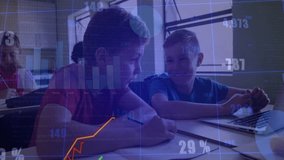 Two schoolboys analyzing performance trends with animated bar charts fading in over classroom desk. Educational, teamwork, technology, analysis, learning, collaboration, data visualization - Powered by Shutterstock - Get 15% off with code: PIKWIZARD15